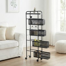 리빙코아 이동식 철제 틈새 슬라이드 트롤리 수납 선반 다용도, 블랙, 4단