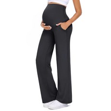 Summer Mae CloudFeel 임산부 바지 복부 위 임신 요가 바지 포켓 스트레치 캐주얼 라운지 와이드 레그 바지 블랙. M