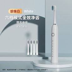 HYLSS 電動牙刷 充電款軟毛 聲波震動情侶深層潔牙, 1個, 如圖所示7687, 白色4刷頭