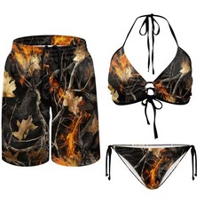 Gekhuqory 가족을 위한 매칭 수영복 열대 비키니 세트 여성용 남성용 트렁크 사냥 카모 플레임 L 182177