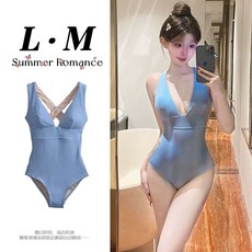 藍色掛脖連體吊帶比基尼泳衣女 泡溫泉性感顯瘦連身泳裝, 淺藍色,L （建議50.0-55.0kg）