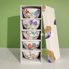 日式九穀花鳥系列陶瓷飯碗 五碗裝禮盒, 1個, 九穀燒-花卉五碗裝 禮盒裝