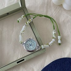 山茶花 森系綠竹節編織繩鏈條手鍊 靜音防水學生手錶