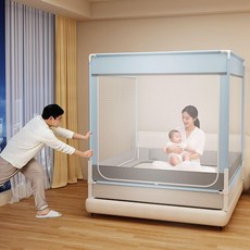 防摔蚊帳家用臥室圍欄一體式加厚防蚊加粗支架寶寶防掉牀, 藍大力士壓腳款防摔max,牀墊寬1.2*長2米卡扣三通不脫落
