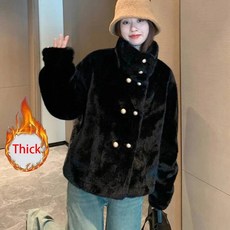 달콤하고 따뜻한 인조 모피 코트 여성 빈티지 스탠드 칼라 겨울 두꺼운 재킷 여성용 긴 소매 더블 브레스티드 한국 우아한 탑, L, Black