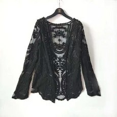 蕾絲罩衫/防曬衣/比基尼罩衫/泳衣罩衫/海灘罩衫/古風外套/小外套/泳裝罩衫/罩衫外套, (w14-12)  黑色罩衫 【均碼】