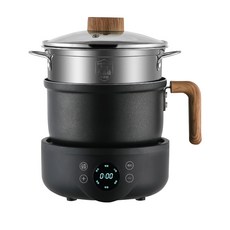 分體式多功能電煮鍋 小電鍋 蒸煮炒煎面鍋 宿舍學生鍋 家用電熱火鍋 廚房美食鍋 泡面鍋, 木紋智能單鍋（1.8升）+蒸籠+煎盤