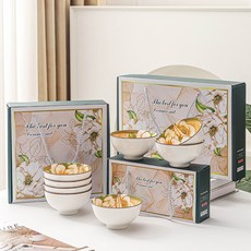 茶花秞下彩繪陶瓷碗套裝禮盒 北歐風餐具 高質感湯碗 米飯碗 幼稚園點心碗 兒童餐碗 送禮推薦, 茶花秞下彩繪陶瓷碗套裝,二碗一套, 1個