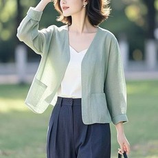 면 마 린넨 솔리드 자외선 차단 카디건 숏코트 봄여름 소프트 중년 패션 심플 브이넥 얇은 자켓