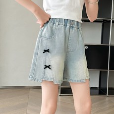 슈가푸딩 주니어 블랙리본데님숏팬츠 초등학생 중학생 여아데님 데님숏팬츠 청반바지 리본청바지 외출복 소풍룩 치마바지