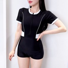 cammello 체스트 핀턱라인 반팔 모노키니, 블랙 L