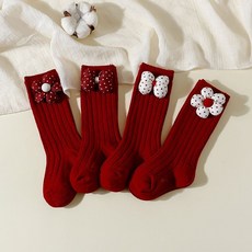 寶寶襪子純色中筒襪春秋季女童新年紅雙針織長筒襪中大童高筒兒童