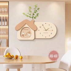 椿嶼 一家四口餐廳裝飾畫帶鍾錶飯廳掛畫 奶油風溫馨客廳餐桌牆面壁畫, 一家三口（女孩）,60*30水晶畫面+仿真綠植