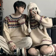 가을 겨울 커플 투피스 세트 루즈핏 라운드넥 커플룩 풀오버 니트 패션 커플시밀러룩 스웨터 세트 YSQ