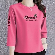 ROYALBELLE 여성 라운드 7부소매 나비레터링 프린트 순면 얇은 루즈핏 캐주얼 티셔츠 V01020211