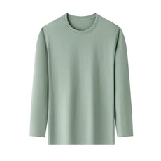 남성용 단색 라운드 넥 코튼 긴팔 티셔츠 여름 편안한 탑, 05 L, 01 Bean green