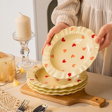 BLOWFISHFUGU 하트 레이스 접시 파스타접시 샐러드접시 가정용 도자기 접시 21CM, 8개, 살구빛