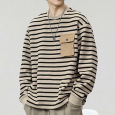 COSYEVNO 봄가을 남성 라운드 스트라이프 티셔츠 긴팔 맨투맨 주머니 상의