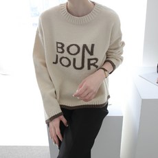 女款寬鬆版型圓領BONJOUR字母細節針織衫 n2028