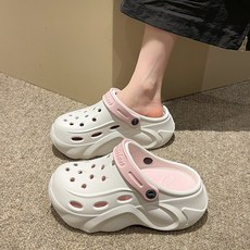 雙色洞洞鞋女透氣防滑軟底涼鞋eva夏季外穿厚底包頭涼拖鞋增高款