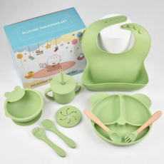 이유식기 실리콘 올인원 유아동식기 세트, 1세트, 9종, 그린아보카도