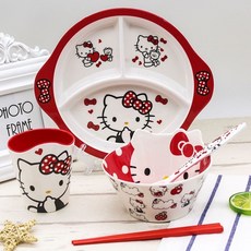 兒童餐具 寶寶餐具 兒童餐具套裝三格盤卡通可愛碗防摔家用防燙分格小學生幼兒園餐具兒童餐, 1個, 紅結KT,雙耳三格盤