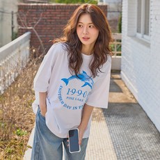 로로텐 프린팅 라운드넥 면 반팔 티셔츠 오버핏 여성 빅사이즈