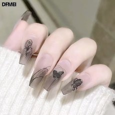 DFMEI 短款穿戴甲純手作穿戴美甲顯白假指甲穿戴甲片成品美甲指甲片, 1個, 1710-線條玫瑰:盒裝通碼穿戴甲【膠水款】