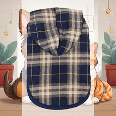 반려견 체크 후드 네이비 외출 스타일 의상 실내 활동 여행, L