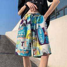 男士休閒印花沙灘褲，速乾五分短褲, 9號色,5XL