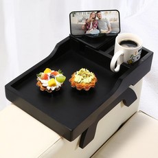소파 암 트레이 테이블 컵 홀더 및 회전식 전화 브래킷이 있는 4-in-1 대형 암레스트 15.3인치 x 9.8인치 클립형 스낵원격 제어커피 컵휴대폰용, Black
