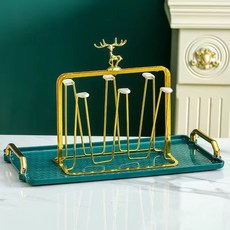 杯架水杯瀝水架輕奢倒掛6個裝套裝帶杯子架子收納置物架托盤家用 RNBG, 麋鹿杯架+金提手綠大盤（可放壺）, 1個
