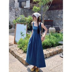 티류으스 여성 봄 여름 데님 스트랩리스 원피스 블루 스퀘어넥 웨이스트라인 슬림핏 롱 드레스 Lyw