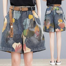 여름 빅사이즈 여성 5부 와이드팬츠 얇은 청바지 빈티지 프린트 밴딩 치마바지