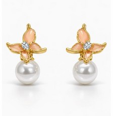 銀針 金菊色蝴蝶與珍珠耳環