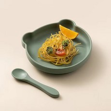 寶寶餐盤硅膠吸盤一體式自主進食防摔兒童小熊餐具輔食碗嬰兒, 1個, 牛油果綠+勺【食品級硅膠餐盤】:如圖所示