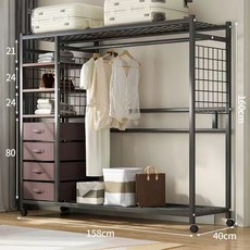 椿嶼 結實耐用簡約開放式防塵簾衣帽間櫃子 簡易衣櫃 臥室家用組裝貨架 美觀實用，防塵防潮，多層收納空間, 升級黑色158釐米衣櫃【無簾帶抽屜】/