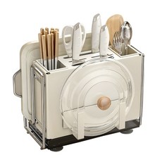 奶油風雙筒多功能廚具/砧板/刀具收納架, 奶油色, 1個
