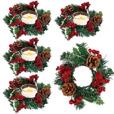 4피스 크리스마스 캔들 링 인공 레드 베리 홀더 솔방울 리스 홈 다이닝 테이블 센터피스 장식용