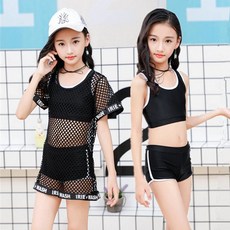 女童泳裝三件套 兒童游泳衣 防曬網紗設計