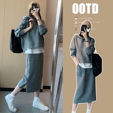 스타일닥터 여성 캐주얼 후드 맨투맨 스커트 투피스 오버핏 후드티 옆트임 스커트 투피스