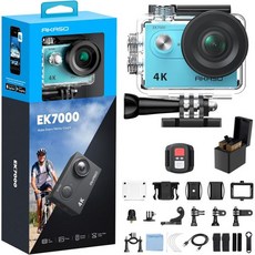 아카소 EK7000 4K30FPS 20MP 와이파이 액션 카메라 EIS 울트라 HD 131피트 방수 수중 원격 제어 4배 줌 외부 마이크 지원 블랙, AKASO 파랑