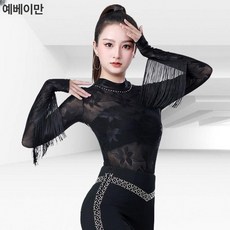 스포츠 레저 탑 시스루 활동 댄스복 여성의류 댄스탑 수술 여름 프린지상의 제품 라틴 상의 프린지, 15.블랙 메쉬 자카드 XL
