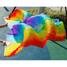 레인보우 실크 팬베일 1쌍 150cm 벨리댄스 한국무용 공연 소품 Rainbow Silk Belly Dance Fan Veils 1 Pair 100% Natural Silk