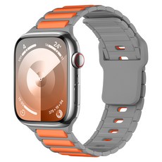 蘋果手錶 雙色矽膠錶帶 透氣運動表帶 適用Apple Watch S9 8 7 6 5 SE Ultra, 工字紋磁吸錶帶-灰配橙,【49mm】Ultra1/2, 灰配橙