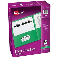 Avery 투 포켓 폴더 최대 40장 수납 가능 및 명함 슬롯이 있는 파일 25개입 그린 (47987) 114068 3748243674, 25팩