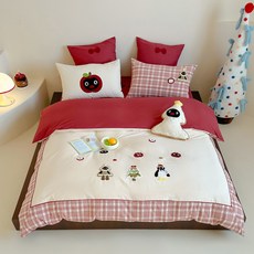 ins風可愛卡通100支長絨棉磨毛全棉牀上用品四件套兒童純棉三件套, 1個, 萌趣樂園-紅:1.2m牀單款三件套