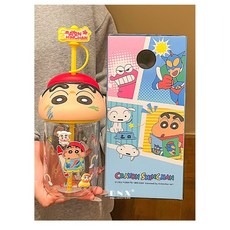 다나에 짱구 공식 라이센스 입체 피규어 뚜껑 빨대 내열 유리컵 580ml + Integrated International Trade Co. Ltd 머리핀, 레드, 1개