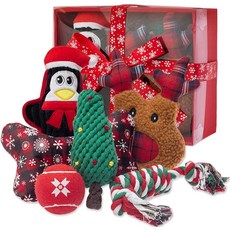 크리스마스 강아지 장난감 6팩 인터랙티브 펫 플러시 삐걱거리는 로프 츄 레드 테니스 공 소형 중형 대형견을 위한 귀여운 상자 포함, 크리스마스 강아지 장난감 6팩 인터랙티브 펫 플러시 삐