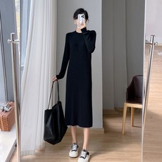 니트 잔골지 라운드넥 롱 원피스 홈웨어 긴팔 원피스